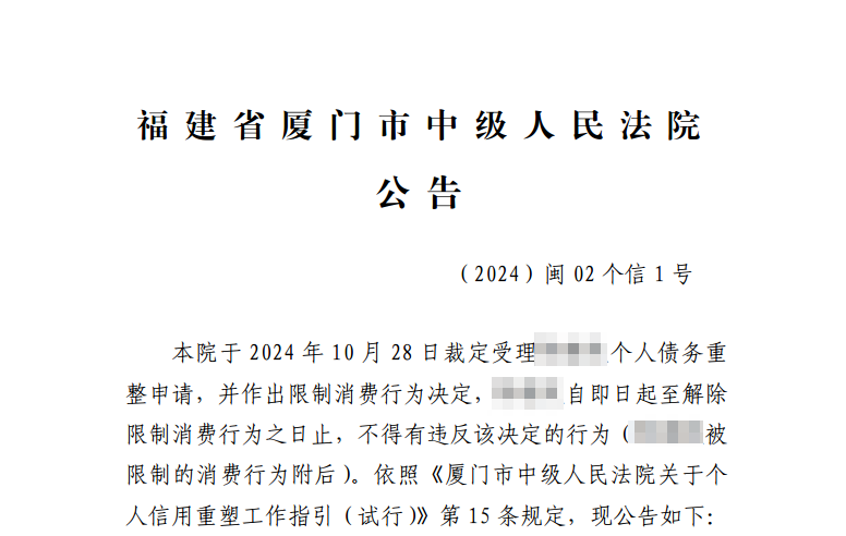 厦门中院裁定全省首例个人信用重塑案件进入重整程序